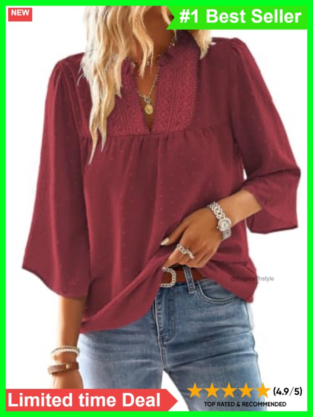 Womens Boho Flowy Tunic Top 3/4 Sleeve Crochet Lace V-Neck